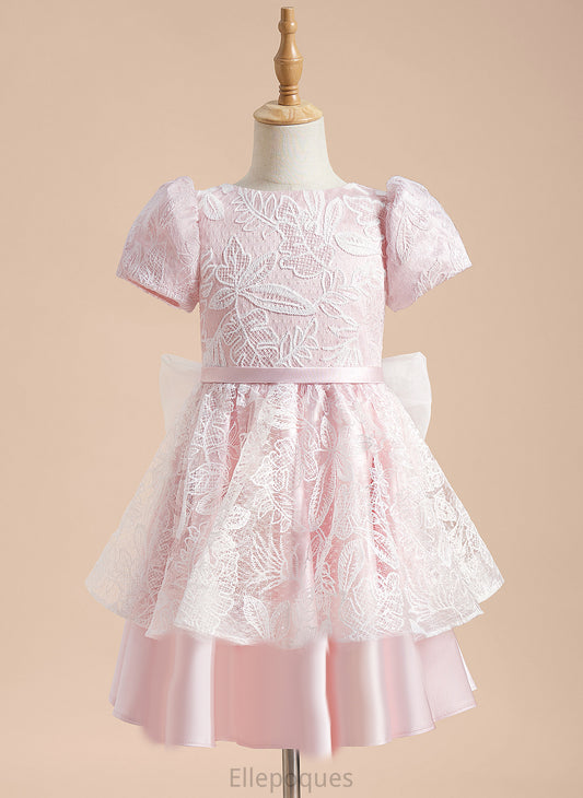 Scoop - Short With Maya Flower Knee-length Neck A-Line Sleeves Flower Girl Dresses Girl Dress Lace/Sequins/Bow(s) Satin/Tulle