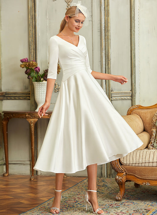 Wedding Dresses Wedding Dress V-neck Tea-Length Satin A-Line Jane