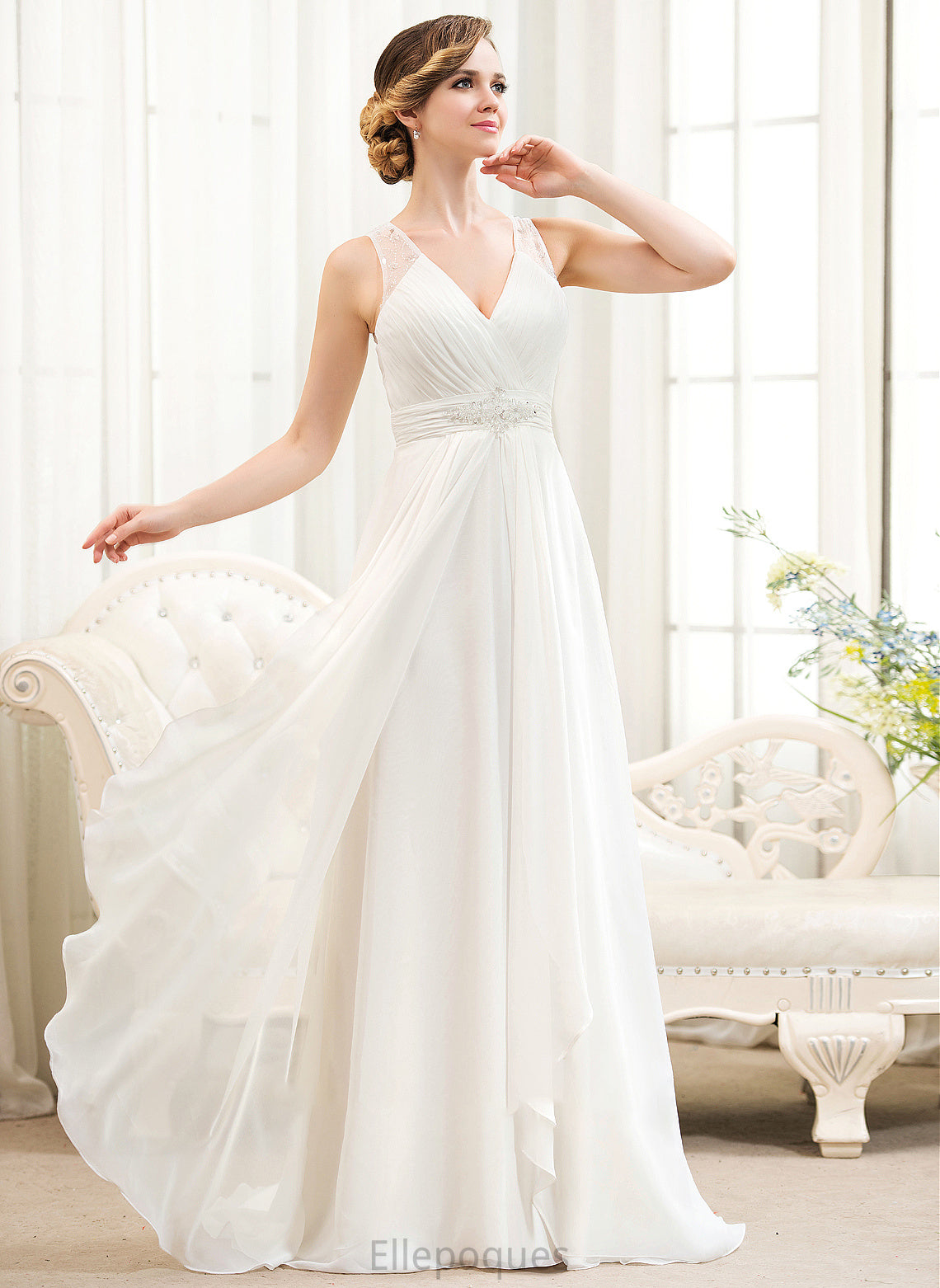 V-neck Beading With Wedding Sequins Ruffles A-Line Train Lesly Sweep Dress Chiffon Wedding Dresses Cascading