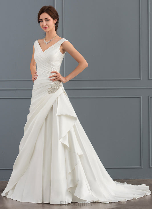 Aniyah A-Line Wedding Dresses With Beading Court V-neck Train Wedding Satin Dress