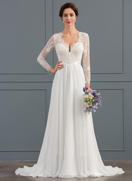 Sweep Wedding Dresses Sequins Train Dress Cassie With Lace Chiffon Wedding A-Line Beading V-neck