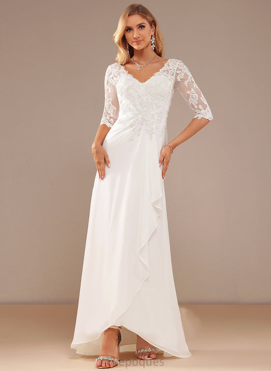 V-neck Lace Madilyn Chiffon Lace Ruffle Wedding Dresses Asymmetrical With Wedding Dress A-Line