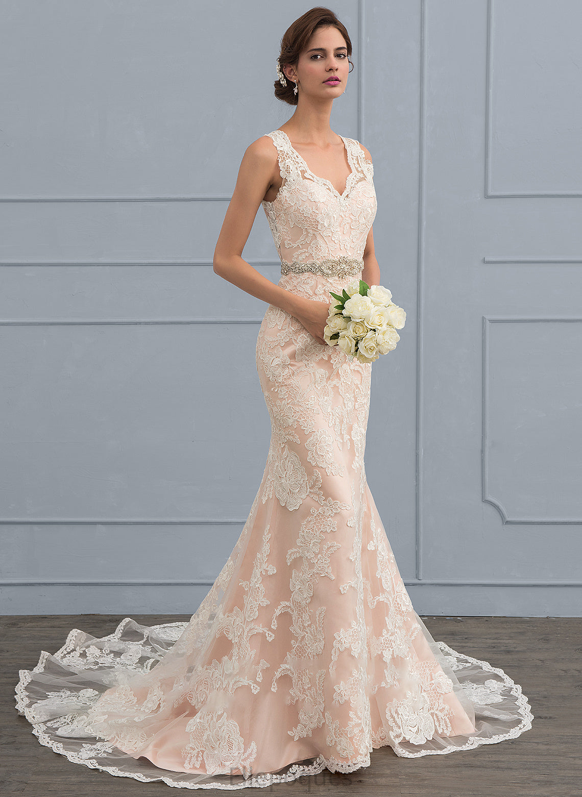 V-neck Lace Trumpet/Mermaid Wedding Dresses Tulle Dress Leyla Train Wedding Beading With Chapel