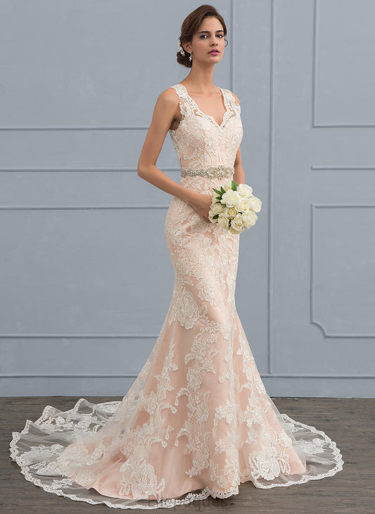 V-neck Lace Trumpet/Mermaid Wedding Dresses Tulle Dress Leyla Train Wedding Beading With Chapel