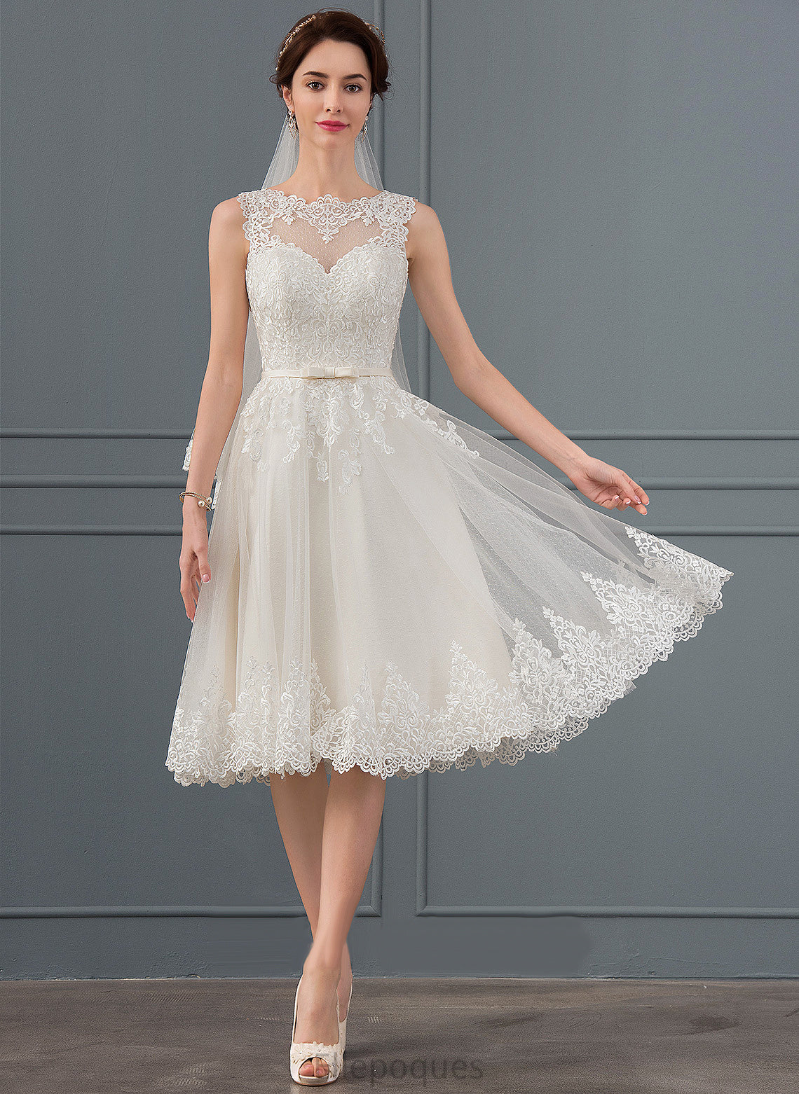 Dress Addyson Lace With Bow(s) Knee-Length Illusion Wedding Tulle Satin A-Line Wedding Dresses