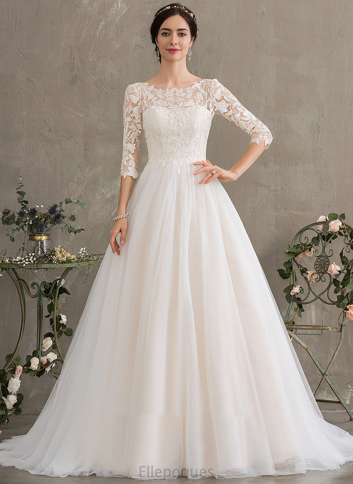 Tulle Train Court Dress Sequins Ball-Gown/Princess Wedding Neck Wedding Dresses With Nan Scoop