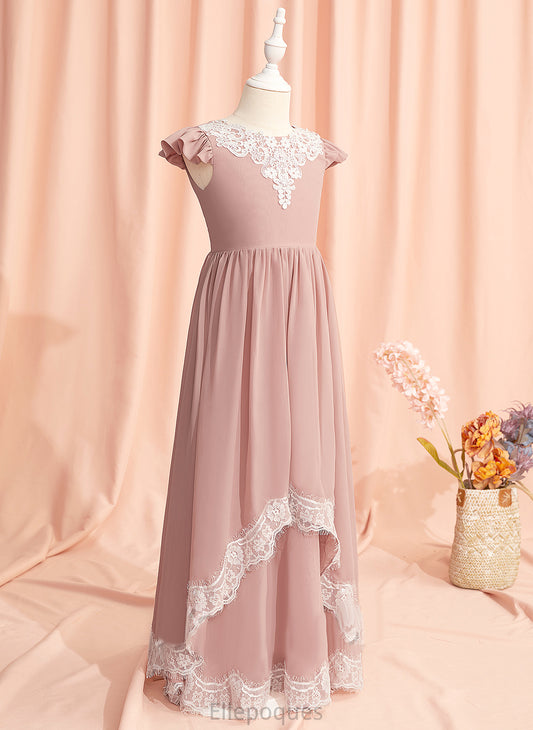 A-Line Scoop Short Back - Floor-length Chiffon/Lace Girl Neck Dress With Flower Lace/V Flower Girl Dresses Isabella Sleeves