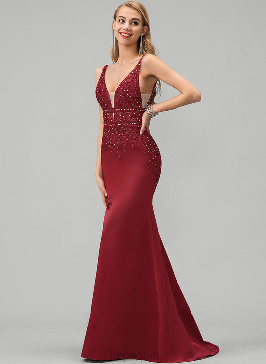 Sweep Sequins Beading With Emilie Prom Dresses Train V-neck Satin Trumpet/Mermaid Lace