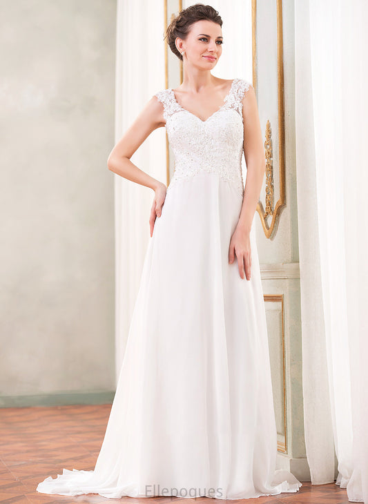 V-neck Sweep Chiffon Train Mercedes Dress Wedding Lace With Wedding Dresses Sequins Beading A-Line