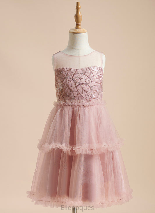 - Tulle Back Knee-length Sequins/Pleated/V Dress With Scoop A-Line Flower Neck Sal Sleeveless Girl Flower Girl Dresses