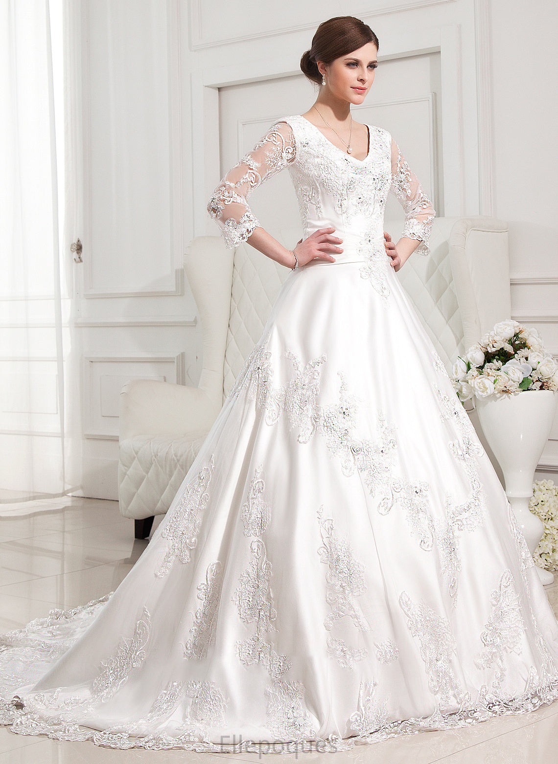 Appliques Ball-Gown/Princess Mariah Chapel Dress Train Satin With Beading Lace V-neck Wedding Wedding Dresses