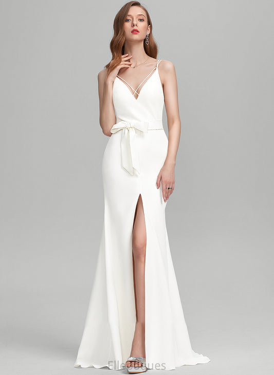 With Split Sweep Train Valery Sheath/Column Crepe Front Dress Wedding Wedding Dresses Bow(s) V-neck Stretch