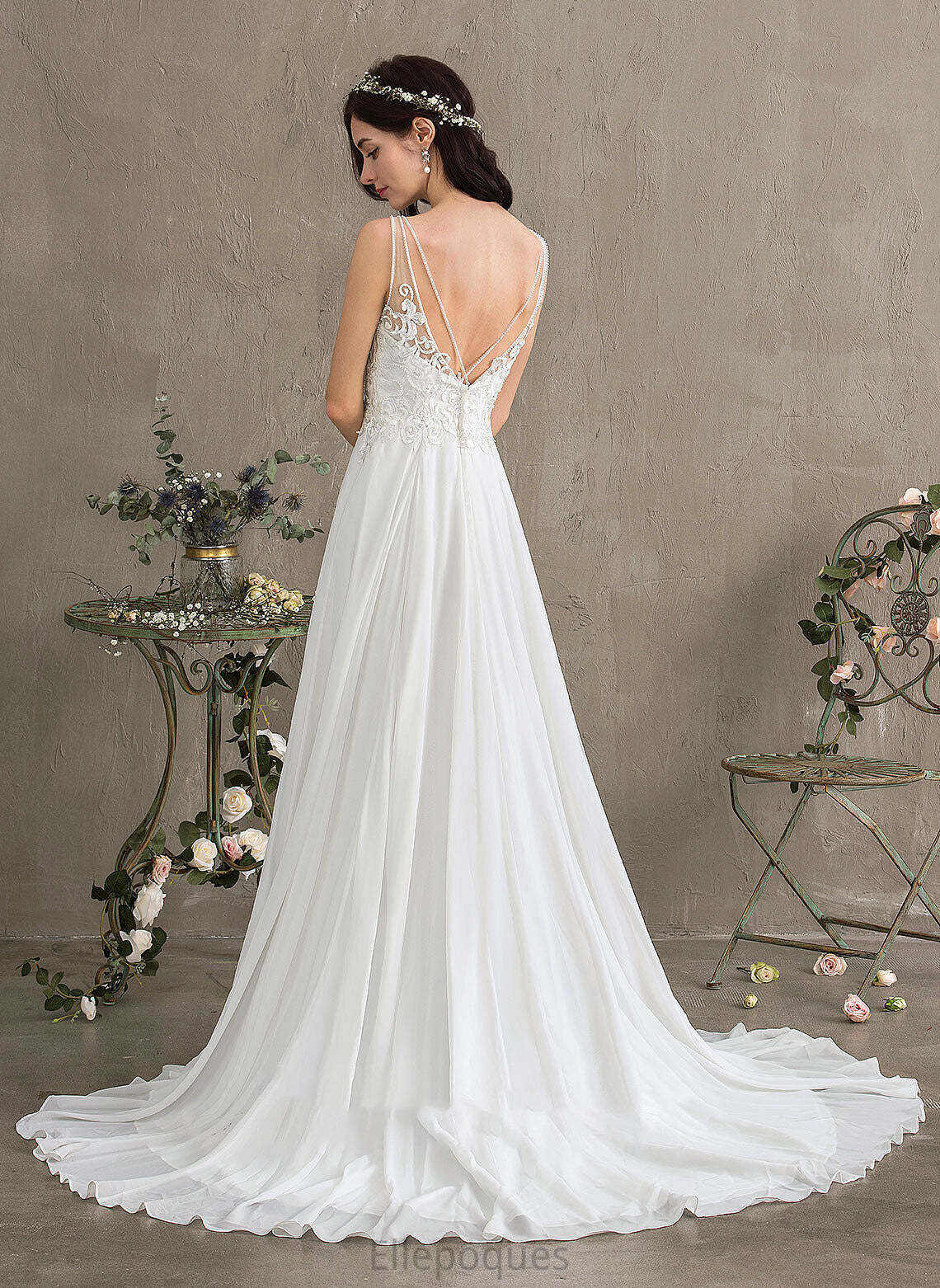 Front Wedding Dresses Chiffon Beading Sequins Aubree Split V-neck Dress With Sweep Wedding A-Line Train