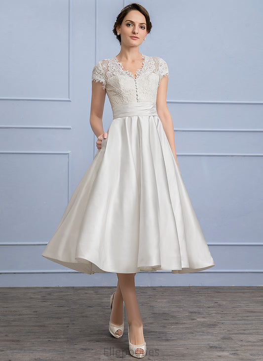 Satin Pockets A-Line Ruffle With Jada Dress Wedding Dresses Lace Tea-Length Wedding V-neck