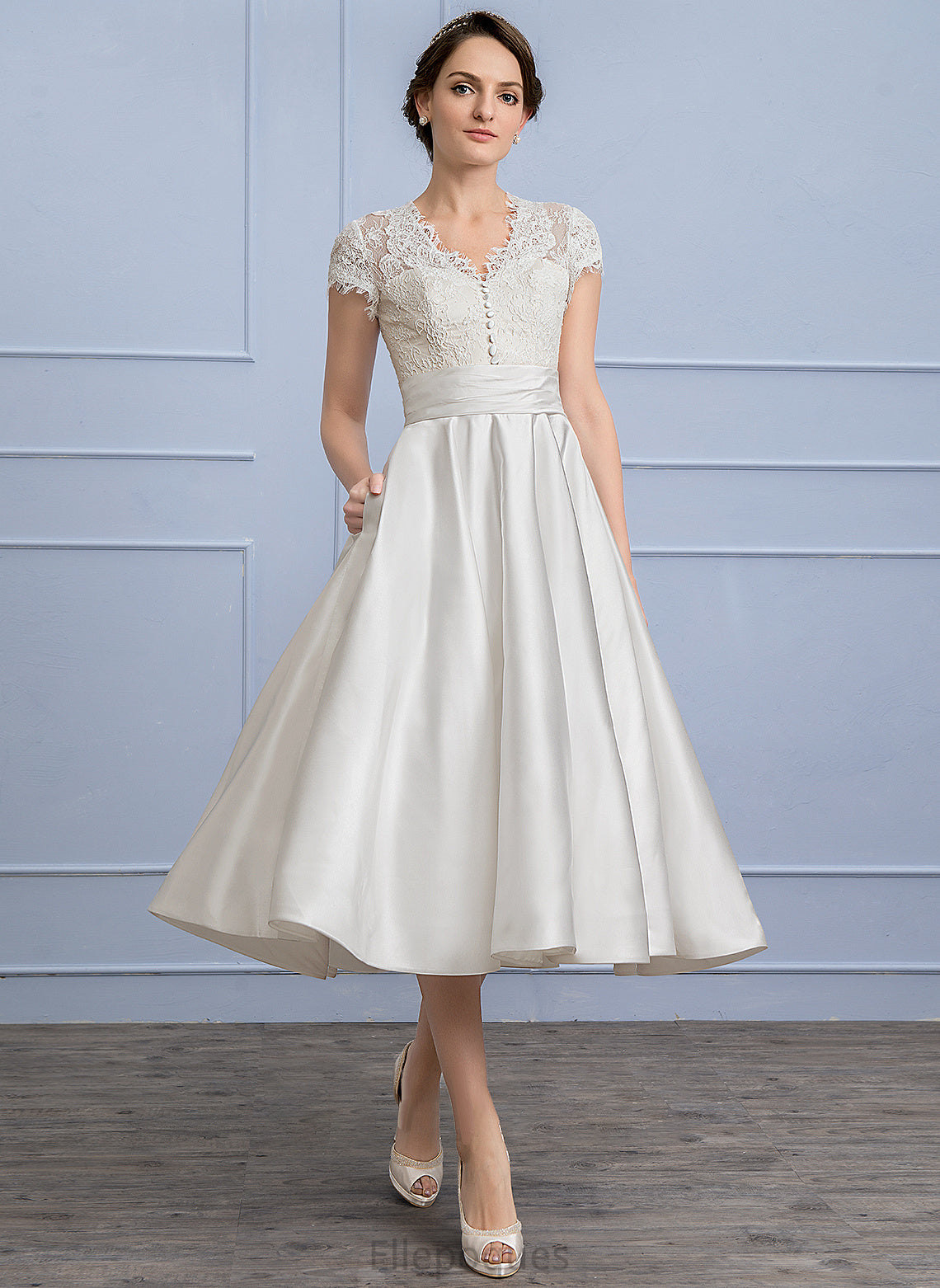 Satin Ruffle Wedding Dresses Tea-Length With Juliana Wedding Pockets V-neck A-Line Dress