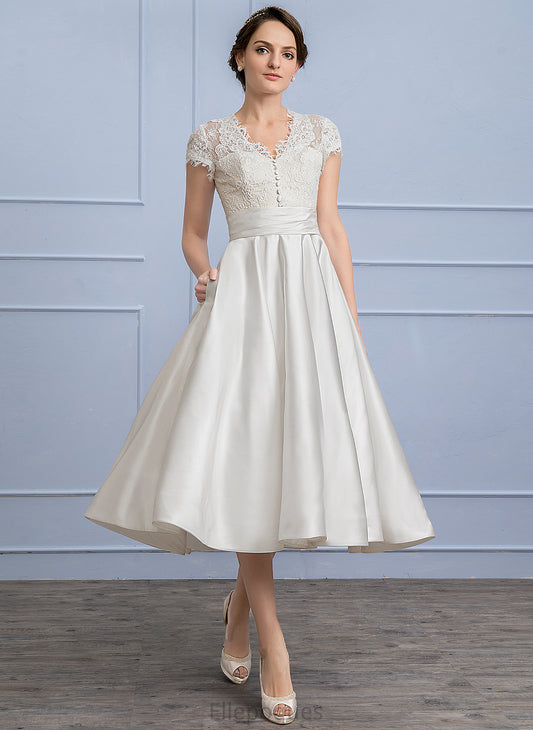 Satin Ruffle Wedding Dresses Tea-Length With Juliana Wedding Pockets V-neck A-Line Dress