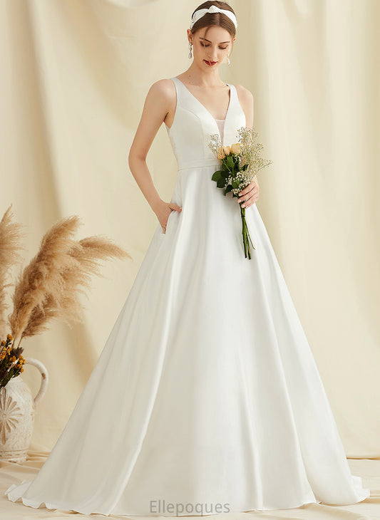 Wedding Dresses Sweep Alexis With V-neck Lace Dress Pockets Train Ball-Gown/Princess Wedding Satin