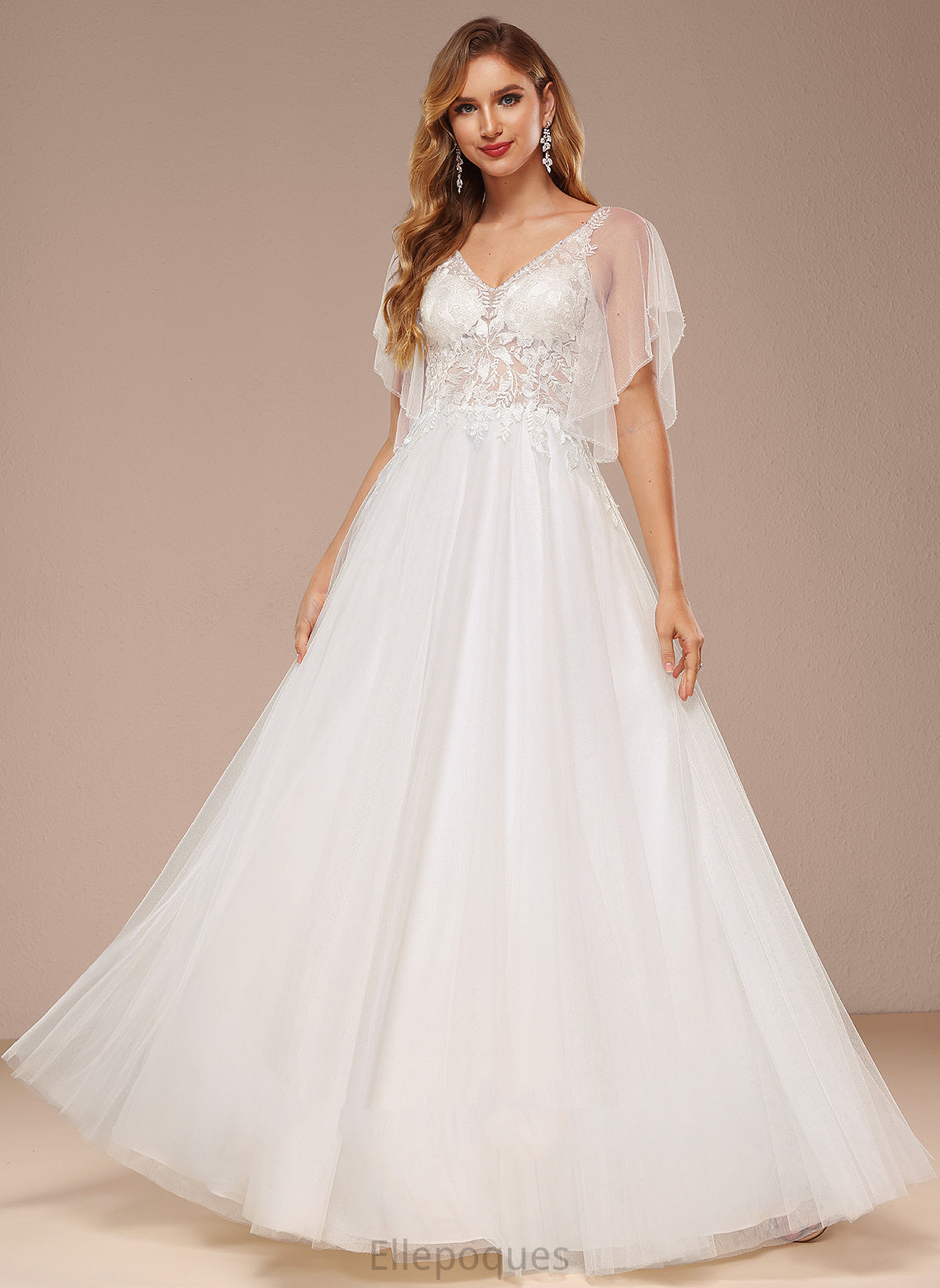 Tulle Floor-Length V-neck Ruffle Sequins Dress A-Line With Courtney Lace Wedding Wedding Dresses