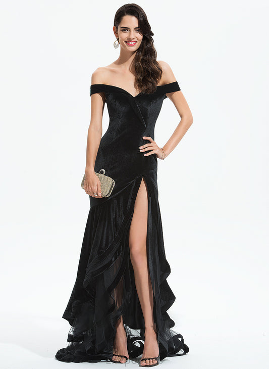 With Ruffles Train Cascading Prom Dresses Trumpet/Mermaid Velvet Off-the-Shoulder Sweep Kayleigh