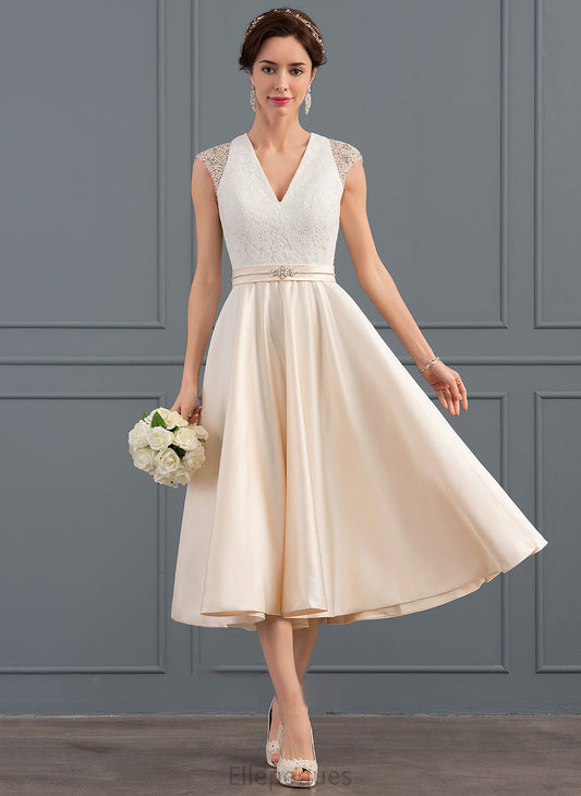 Sequins V-neck A-Line Tea-Length Kaylen Dress Wedding With Wedding Dresses Beading Satin