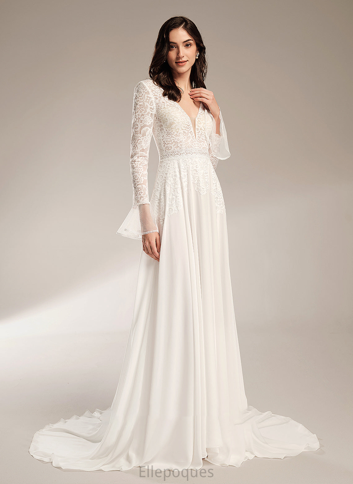 V-neck A-Line Wedding Court Wedding Dresses Dress With Ruffle Train Geraldine