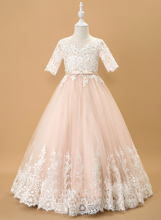 Bow(s) 1/2 Flower Flower Girl Dresses Neck Scoop Jeanie With - Tulle/Lace Dress Floor-length Sleeves Ball-Gown/Princess Girl