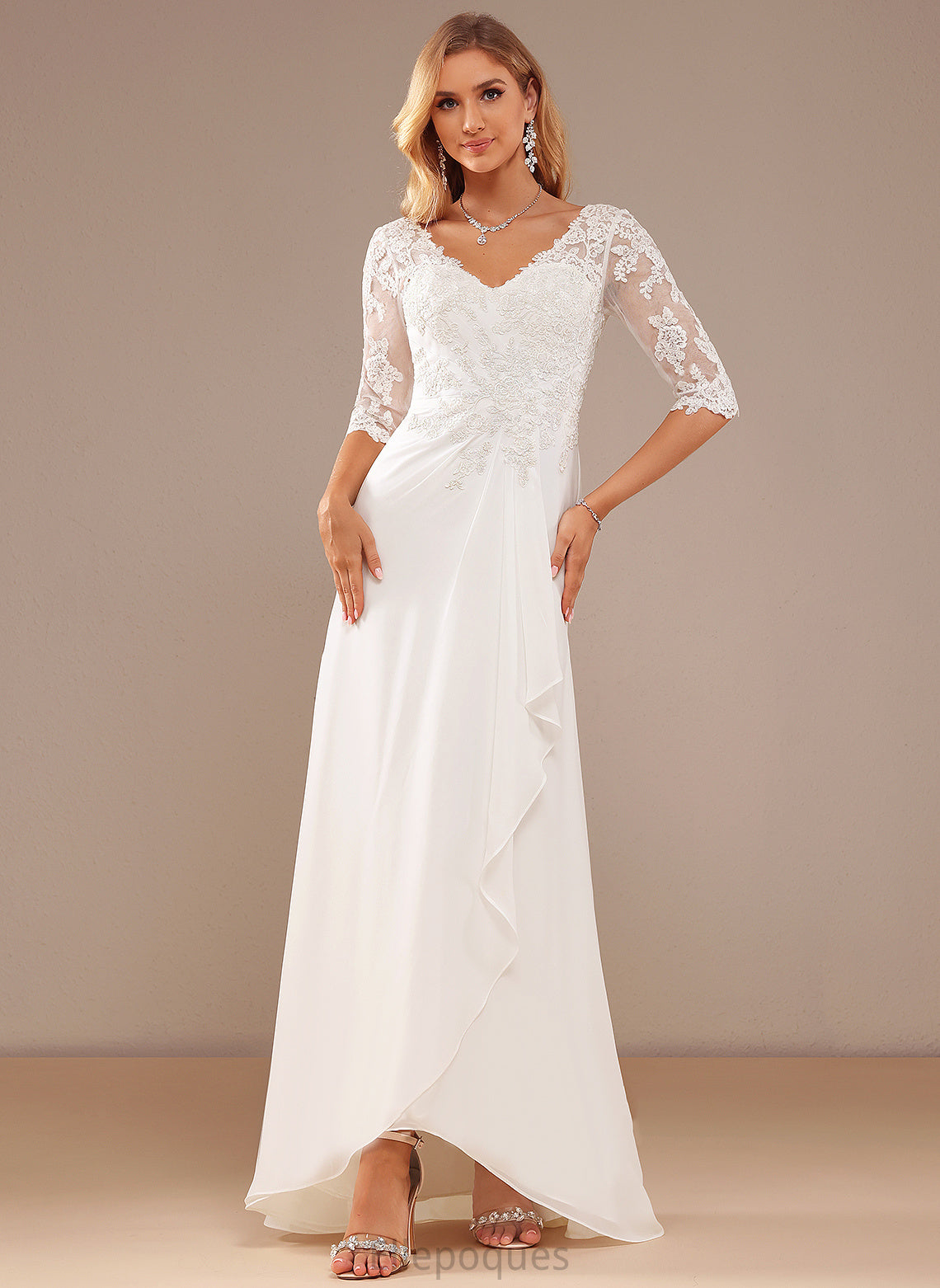 Asymmetrical Wedding Lace Wedding Dresses V-neck Ruffle Cailyn Dress With Chiffon A-Line