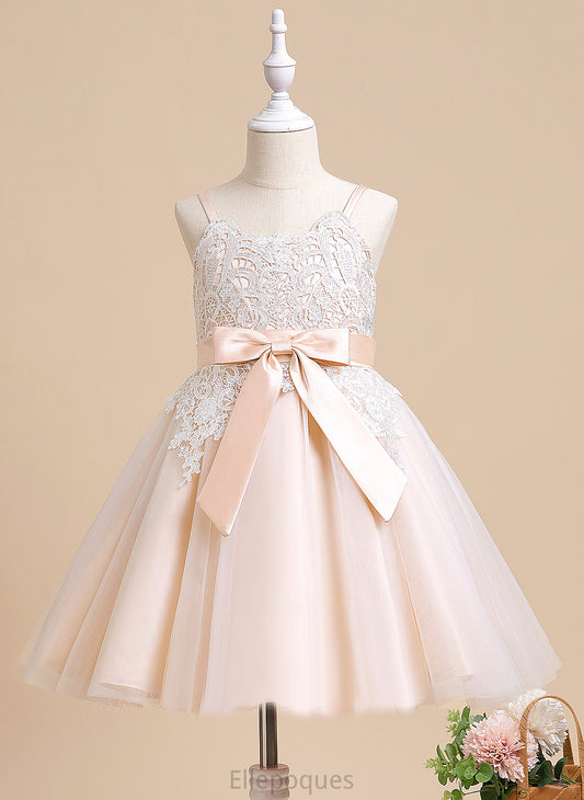 Knee-length Tulle - Dress Neck A-Line Bow(s) Girl With Sleeveless Flower Flower Girl Dresses Campbell Scalloped