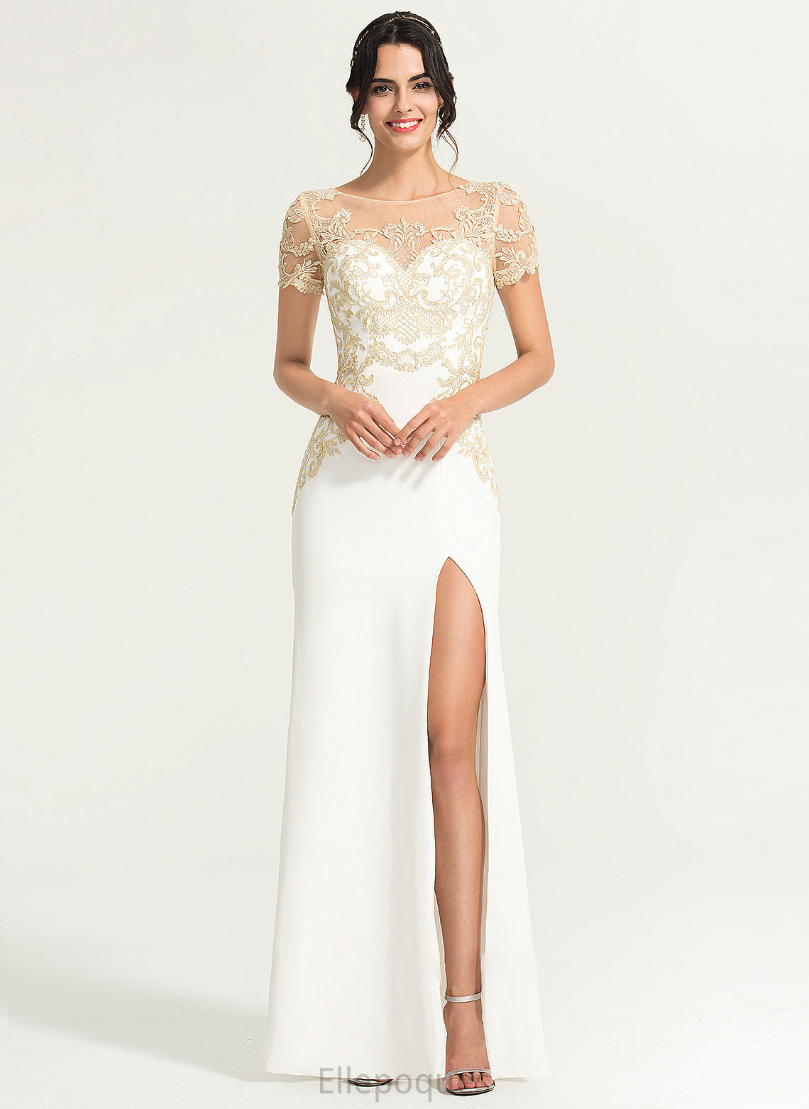 Neck Shayna Floor-Length Front Split Crepe Wedding Sheath/Column Dress Wedding Dresses With Stretch Scoop