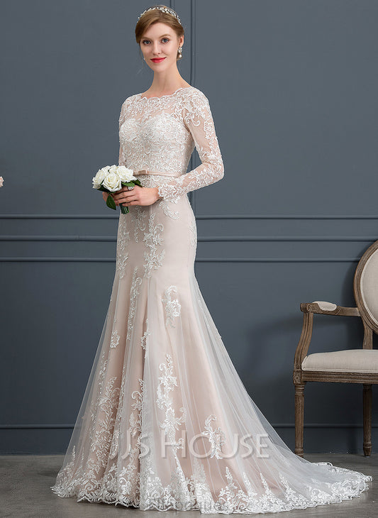 Scoop Court Wedding Dresses Neck Dress Sequins Wedding With Trumpet/Mermaid Karli Train Tulle Bow(s) Beading