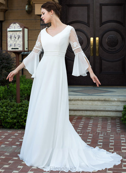 Court Beading Wedding Dresses Chiffon V-neck Train With Hadassah Lace Wedding A-Line Dress