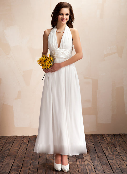 A-Line Wedding Dresses Ruffle Halter Chiffon With Wedding Haley Ankle-Length Dress Bow(s)