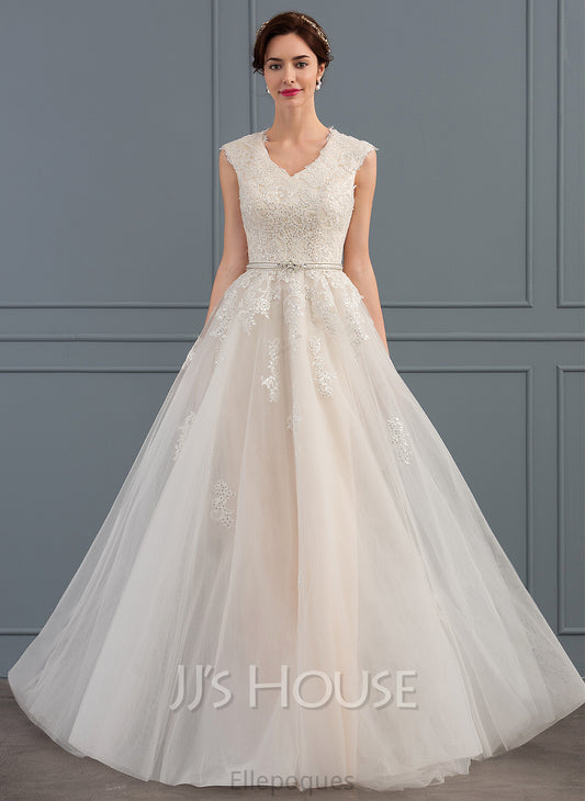 V-neck Wedding Bow(s) Tulle Wedding Dresses A-Line Beading Train Dress With Zoie Sequins Sweep