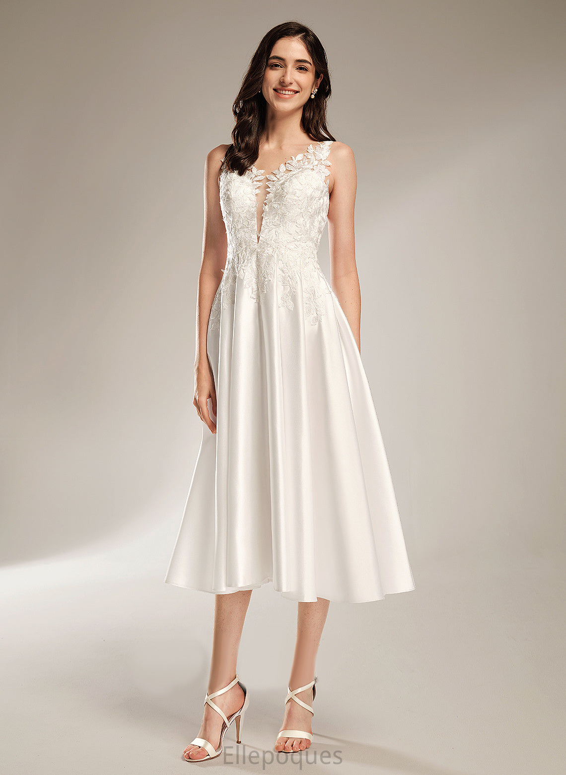 Tea-Length Dress Wedding Wedding Dresses V-neck Satin A-Line Alayna Lace