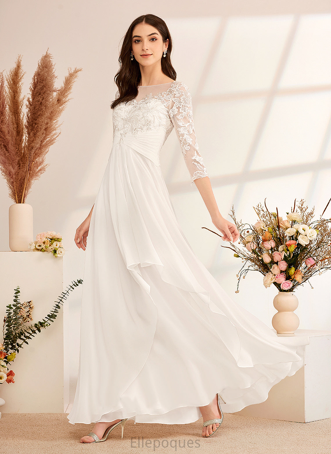 Wedding A-Line Aubrie Lace Floor-Length Ruffle Dress Chiffon Illusion Wedding Dresses With Beading