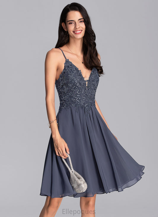 V-neck Homecoming Dresses Dress Homecoming Daniella Lace With A-Line Chiffon Beading Knee-Length