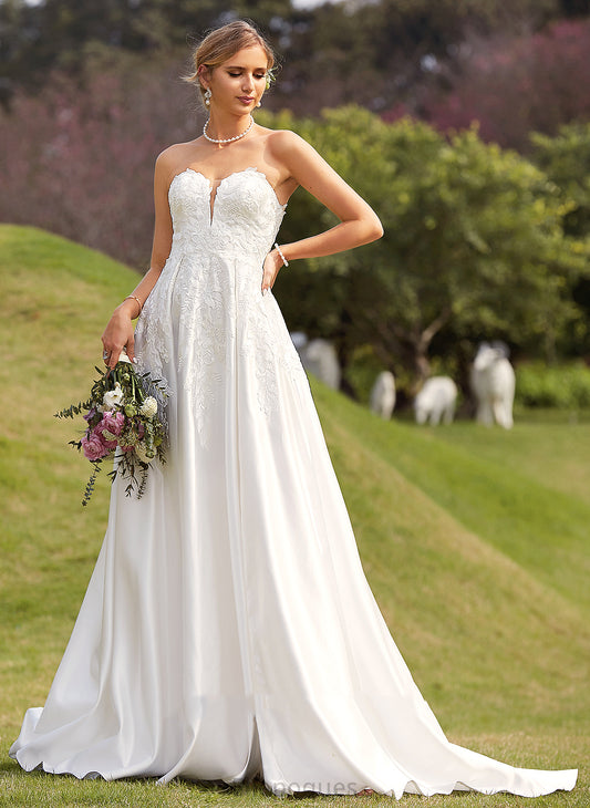 Chapel Lace Split Sweetheart Ball-Gown/Princess Wedding Satin With Train Hedwig Front Dress Wedding Dresses