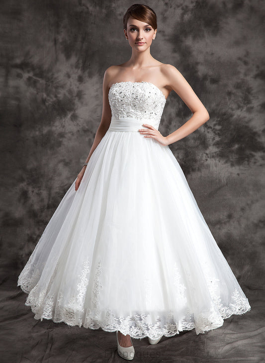 Ball-Gown/Princess Satin Organza Wedding Mignon Wedding Dresses Beading Dress Strapless With Ankle-Length Lace