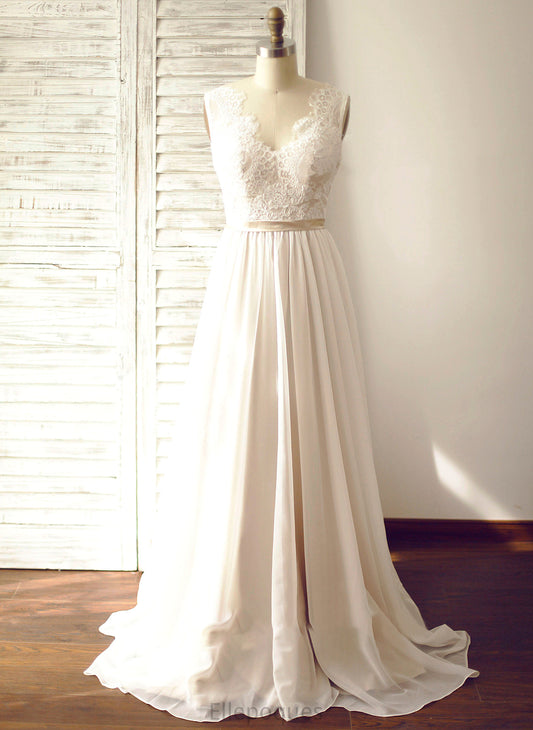 Dress Train V-neck Chiffon Wedding Dresses A-Line Wedding Juliette Court