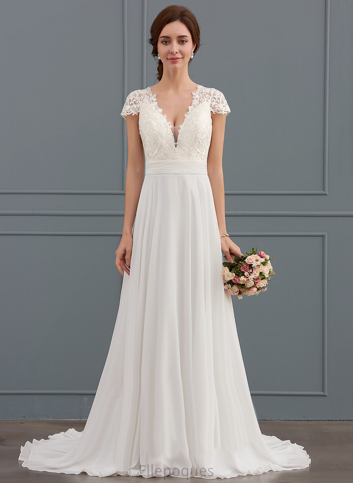 Nina Wedding V-neck Wedding Dresses Train With Sweep Ruffle Dress A-Line Lace Chiffon