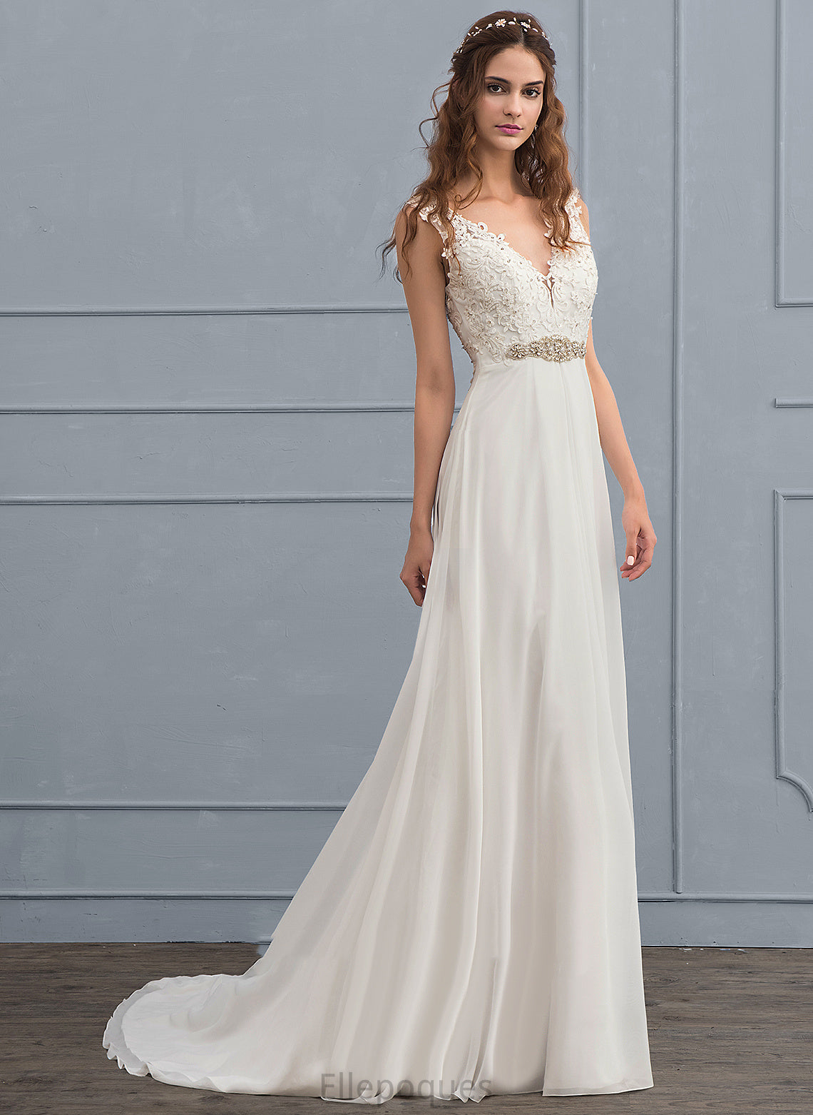 Beading Sequins V-neck Chiffon Dress With Wedding Dresses Train Arianna Lace Wedding Court A-Line