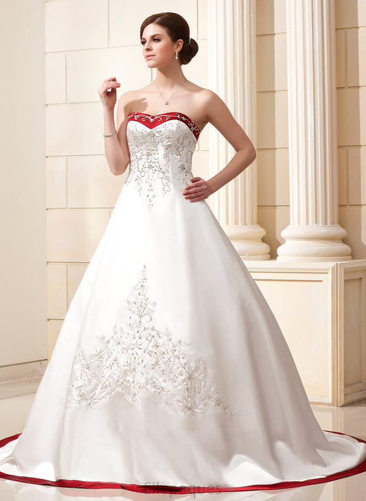 Satin Pat Wedding Dresses Embroidered Ball-Gown/Princess Chapel Sequins Train Sash Beading Sweetheart Wedding With Dress