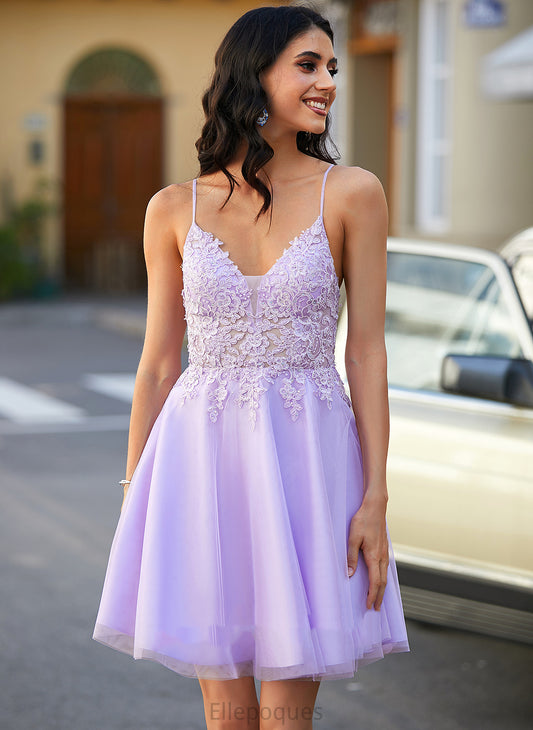 Tulle Dress Short/Mini A-Line Beading V-neck Lace Homecoming With Homecoming Dresses Katherine