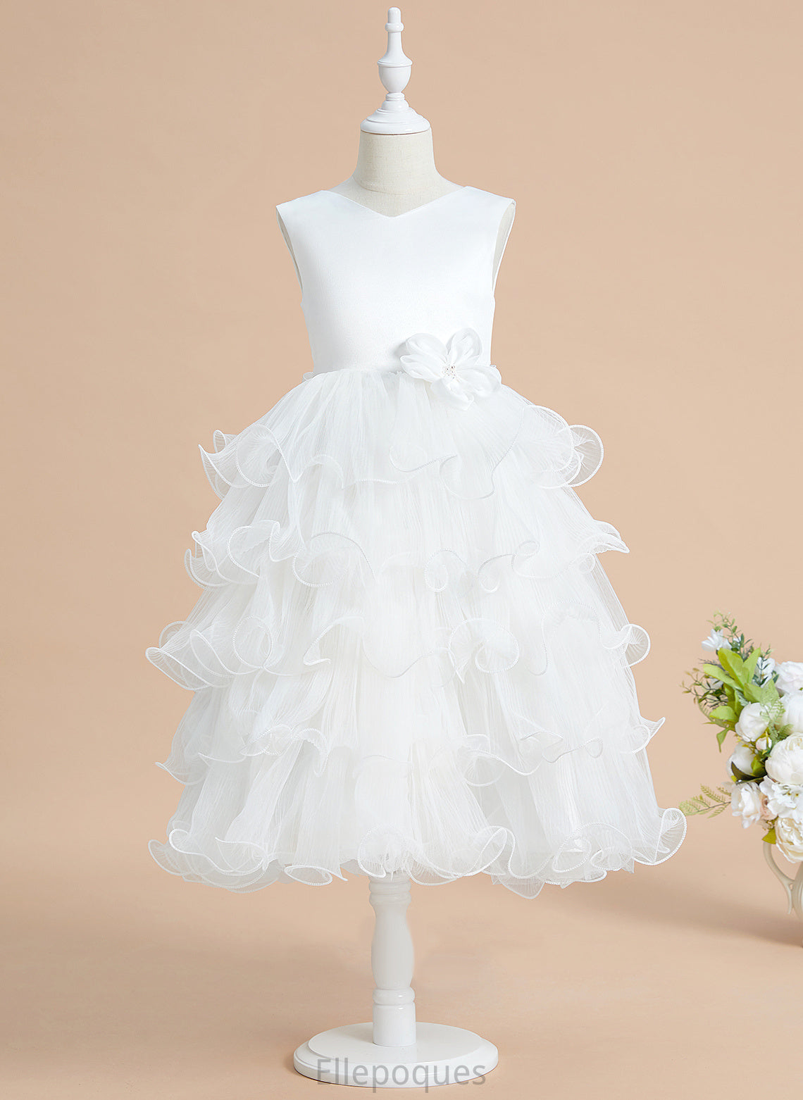 - Tea-length Girl Sleeveless Satin/Tulle Bow(s) Flower Girl Dresses Dress With Flower V-neck Tess Ball-Gown/Princess