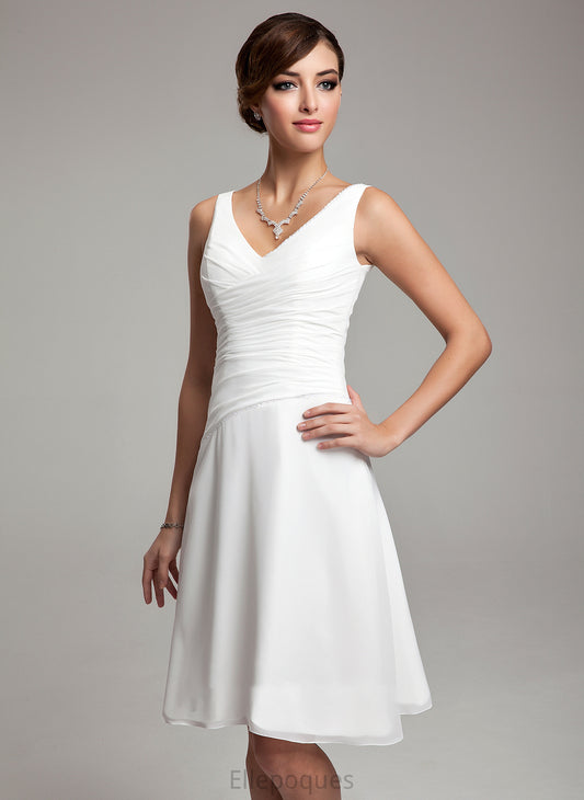 A-Line Wedding Dress Jazmin Beading Knee-Length V-neck With Ruffle Sequins Wedding Dresses Chiffon