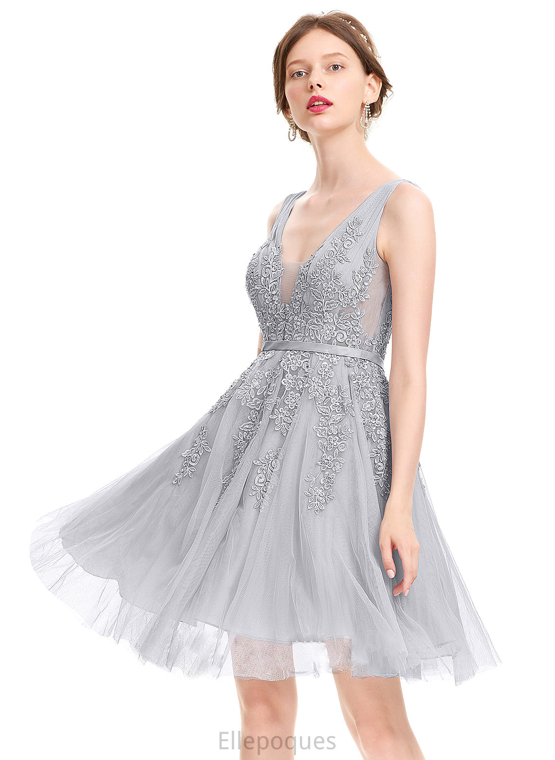 A-Line Beading Gia Homecoming Knee-Length Sequins Lace Tulle V-neck With Dress Homecoming Dresses