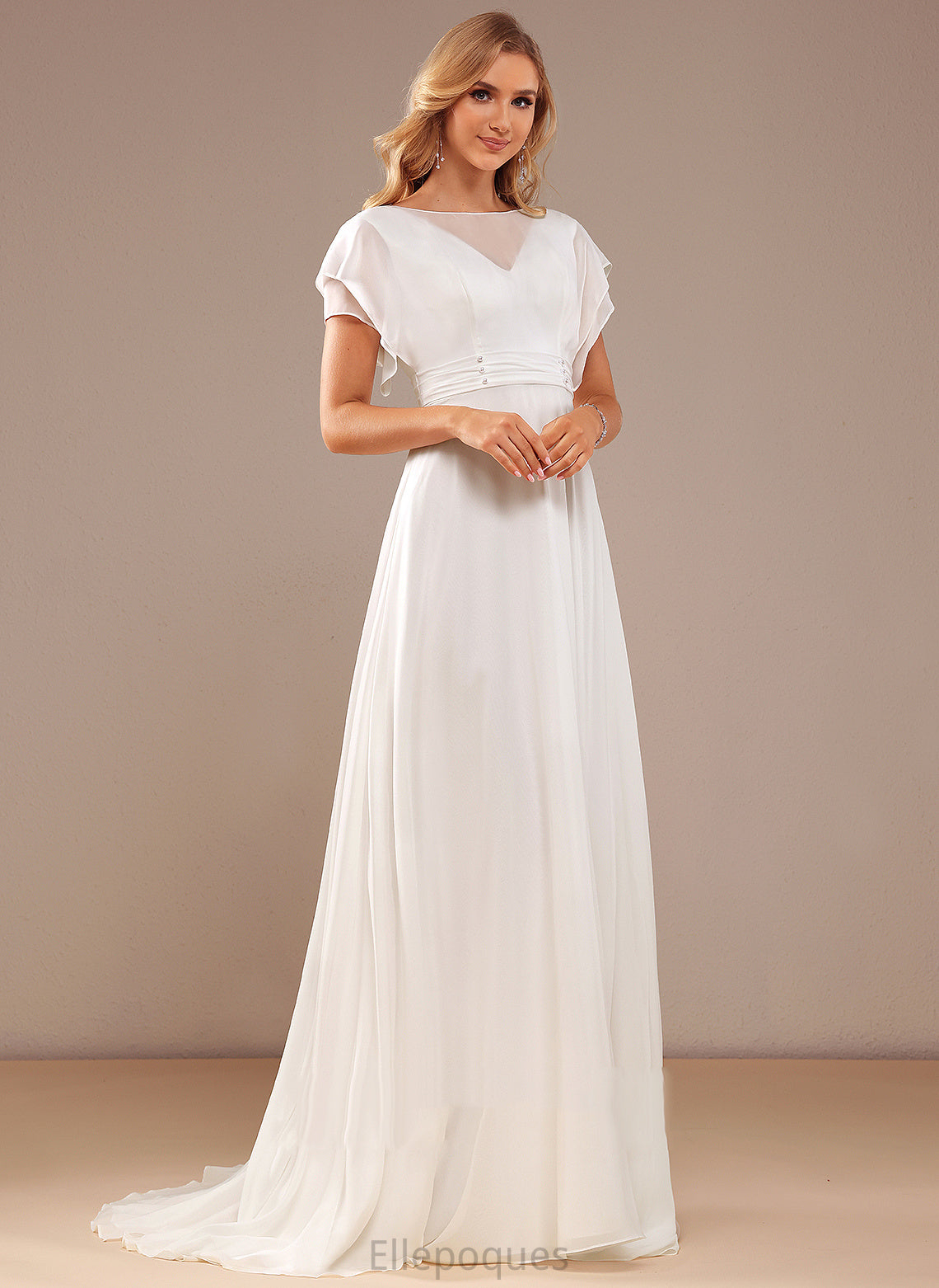 Wedding Dresses Train Chiffon Wedding Cristal With Dress A-Line Neck Sweep Scoop Beading