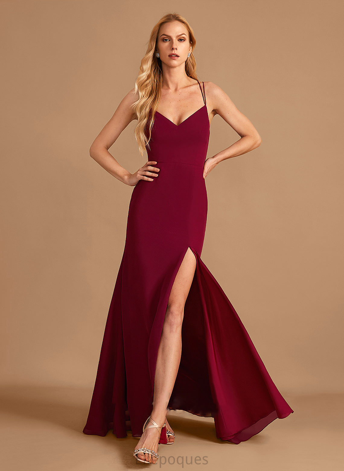 Floor-Length Neckline Length Embellishment Silhouette SplitFront Fabric Trumpet/Mermaid V-neck Lillian Natural Waist A-Line/Princess Bridesmaid Dresses