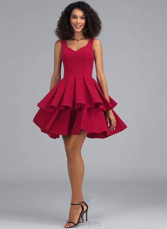 Homecoming Dresses A-Line Dress Crepe Cascading Ruffles With V-neck Stretch Homecoming Short/Mini Desirae