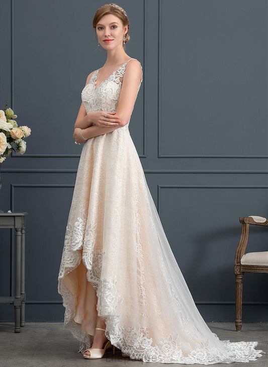 V-neck Tracy Wedding Dresses Tulle Asymmetrical A-Line Dress Wedding Lace With